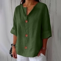 Tunica da donna in cotone e lino verde oliva con scollo a V bottoni e maniche a metà braccio - Verde A 3 Pulsanti 8055# / 3XL