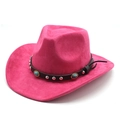 Detail of rose red suede cowboy hat with turquoise stones and silver studs on black band - M (56-59cm) / Rose Red