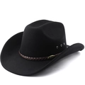 Black western cowboy hat with brown braided leather band and gold metal plaque detailing - M (56-58cm) / Black