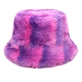Close-up of plush fuzzy bucket hat with vibrant purple and pink vertical tie-dye stripes - M (56-58cm) / Purple and Pink Contrast Stripes (1#)