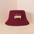 Close-up of wine red bucket hat with white Softball MOM text and heart softball logo - One Size / Burgundy