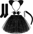 Costume de chat noir avec serre-tête oreilles, nœud papillon, queue, chaussettes et tutu - Serre-tête Oreilles de Chat Noir Et Nœud Papillon Et Chaussettes Hautes Et Queue de Chat Et Jupe Tutu à Paillettes Étoilées