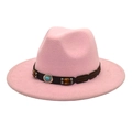 Detail of pink fedora hat with brown leather band featuring turquoise and wooden beads - M (56-58cm) / Pink