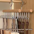 Natural wood organizer rack with 8 polished metal hooks for belts and ties - 2 Pieces / Round 8 Hooks Natural