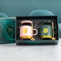Pink and dark green ceramic mug set with gold spoons in an elegant luxury gift box - Fine Vertical Stripe Couple Mug Gift Box Set
