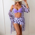 Dreiteiliger lila Bikini mit gestreifter High-Waist-Hose und langärmeligem Strand-Cover-up - S / Lila Streifen Shorts 3-teiliges Set