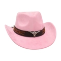 Pink western cowboy hat in faux suede with a brown leather band and silver bull head detail - Pink