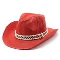 Klassischer roter Stroh-Cowboyhut mit schwarz-weißem Karoband für Strand und Reisen - M (56-58cm) / Rot