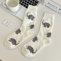 Off-white cotton crew socks featuring cute grey elephant and blue heart patterns - One Size / White