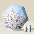 Portable blue oil painting daisy umbrella with white and yellow floral print and matching cover - 14CM 6-Fold Flat Umbrella / Breeze Floral