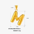 Golden chubby letter M pendant in stainless steel with detailed size measurements - Letter M - Gold