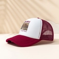 Detail view of burgundy and white trucker hat featuring vintage landscape print and mesh back - Burgundy
