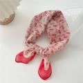 Floral cotton linen neckerchief in pink and red with wavy edges and bow styling - Red Floral-Misty Red Floral