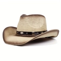 Classic beige straw cowboy hat with vintage brown gradient brim and leather band - One Size / Khaki (Ombre/Rivet Band)