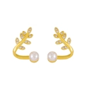 Elegant gold leaf earring with white zircons and pearl in a stylish open ring design - Gold (K-343)