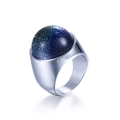 304 stainless steel ring featuring a deep blue foil glass dome in a silver finish - Starry Peacock (KR88914S-K)