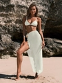 Detail of white bikini set featuring 3D floral accents on a sheer long beach sarong - S / Milky White