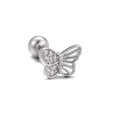Macro view of silver butterfly cartilage earring with zircon stones and screw back - Butterfly Silver Tone (EGD1044)