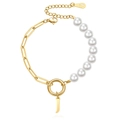 Link chain and faux pearl bracelet with golden letter J pendant and 18KGP mark - Gold - Letter J