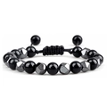 Adjustable faceted hematite and polished black bead woven bracelet for men and women - Black Agate & Hematite