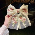 Elegant beige mesh hair clip with colorful rose embroidery and delicate lace edges - Double Layer Lace Bow
