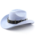 Dettaglio cappello cowboy in camoscio azzurro con fascia in pelle e stemma con ali d'aquila - M (56-58cm) / Blu cielo chiaro