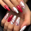Red and marble pattern long coffin press-on nails with shiny finish 24pcs set - Bz1564 Floral Light And Willow Shadows / Glue Type