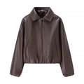 Veste en cuir marron foncé pour femme avec col à revers et fermeture éclair décontractée - S / Brun Foncé