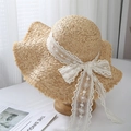 Lafia straw hat with white lace bow and frayed edges for summer beach sun protection - White Lace