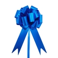 Close-up of blue 3D pull bow for gift wrapping with shiny metallic finish on white background - Matte Dark Blue