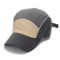 Detail view of the five-panel baseball cap with color-block stitching and reflective piping - Dark Charcoal and Beige (Style D)