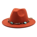 Orange wool fedora hat with turquoise ethnic band and classic wide brim style - M (56-58cm) / Caramel color