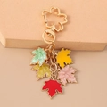 Detail of flower shaped gold keychain with six colorful enamel maple leaf pendants - Multicolor Maple Leaves