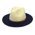Detail of two-tone straw hat featuring white crown, navy brim, and brown leather belt trim - M (56-58cm) / Navy & Cream