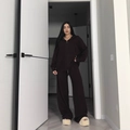 Women's dark brown knit set featuring a hooded zip-up sweater and wide-leg knit trousers - S / Dark Brown