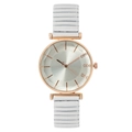 Montre quartz femme avec boîtier or rose, cadran argent et bracelet blanc élastique - Blanc