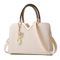 Cream white handbag with V-shaped embossing, braided handles and pearl charm detail - White