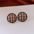 Retro plaid round stud earrings with black frame and brown checked fabric texture - 56# Brown - Retro Plaid Fabric (Silver Earring Post)