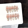 Pink gradient cat-eye press-on nails with leopard patterns, pearls and rhinestones - Large (L) / Pink Diamond Leopard Long Oval (1452)