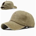 Detail view of cotton ponytail baseball cap with adjustable metal buckle and washed fabric texture - Adjustable / Khaki