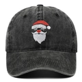 Distressed dark grey washed denim baseball cap with Santa Claus face embroidery - Black