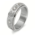 Rotating stainless steel anxiety ring with silver sun moon star relief patterns - US 9 / Silver