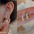 Minimalist pearl earrings with three pearls and golden bar on silver studs - Gold Triple Pearl Metal Bar Style (MY35530)