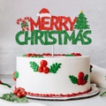 Sparkling Merry Christmas cake topper with festive red Santa hat and green tree decor - Merry Christmas Style / Red/Green