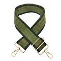 Close-up of olive green wide bag strap with Greek key pattern and gold metal hardware - 19-Army Green with Black Edge