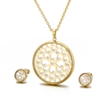 Golden stainless steel jewelry set featuring hollow circular necklace and stud earrings - Honeycomb Geometric Style (KS112605-KC)
