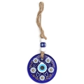 Close-up of blue glass evil eye pendant with floral patterns and rustic hemp rope - Daisy Print Style (BE1688BU09)