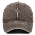 Close-up of vintage washed cotton baseball cap with white PEACE embroidery detail - One Size / Coffee