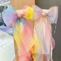 Rainbow gradient hair bow clip for girls with elegant lace fringe and pearl detail - Set Light Blue And Rainbow With Chain