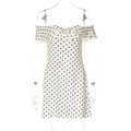 Close-up of strapless white dress with black polka dots featuring chest knot and ruffles - S / Apricot
